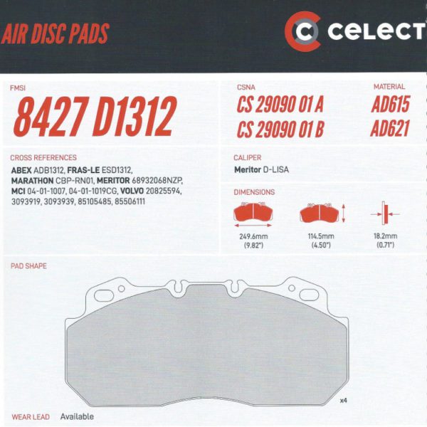 Celect CS2909001B Brake Pad
