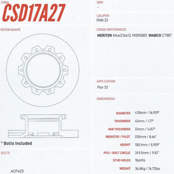 Celect CSD17A27 Air Disc Brake Rotor Wabco Pan 22 430MM