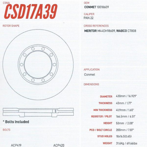 CSD17A39 Air Disc Brake Rotor Wabco Pan 22