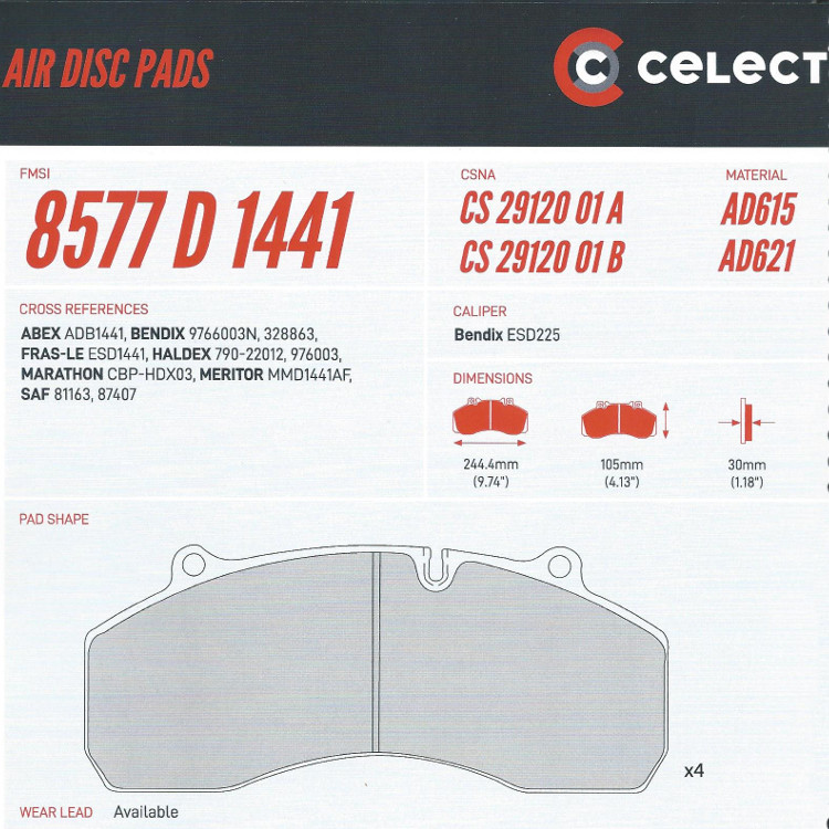 Celect CS2912001B Air Disc Brake Pads, For Bendix ESD225 Systems, D1441 - Image 2