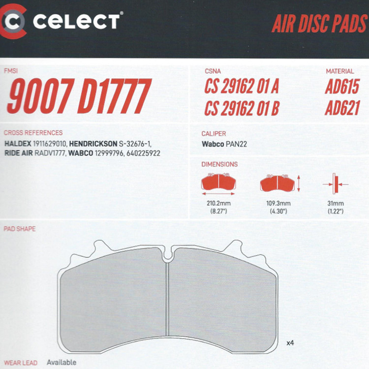 Celect CS2916201B Air Disc Brake Pads for Wabco PAN 22-1 Systems, D1777 - Image 2