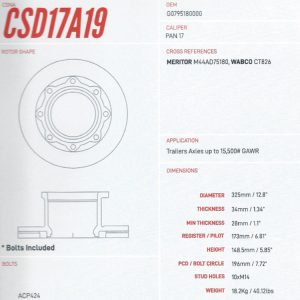 Celect CSD17A19 Air Disc Brake Rotor Wabco Pan 17 325MM