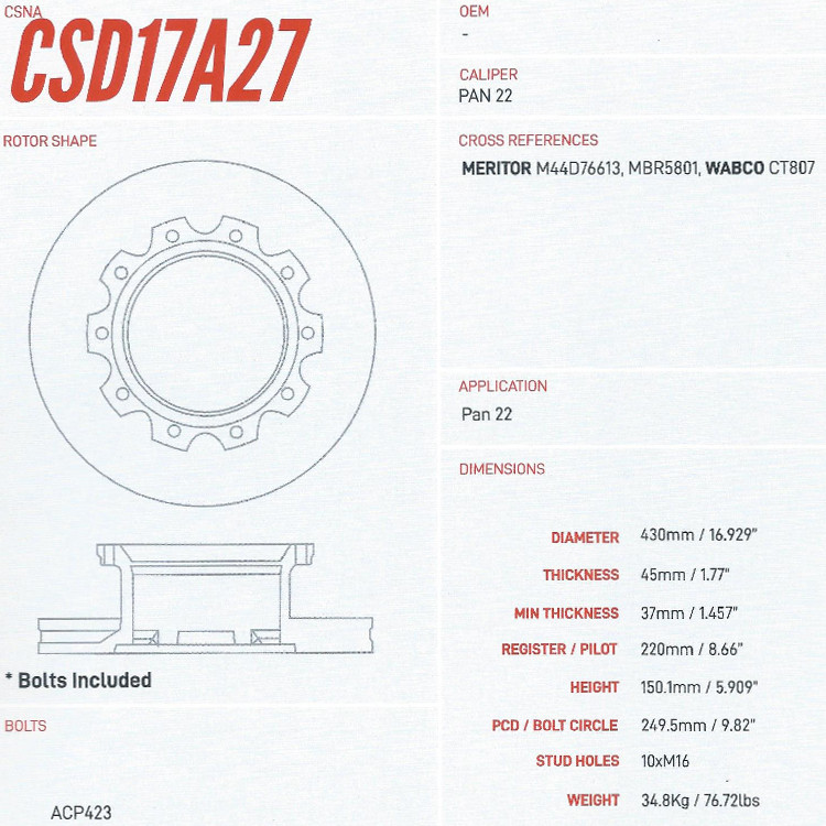 Meritor M44D76613 Brake Rotor Replacement, Air Disc for Wabco Pan 22 CT807(Celect CSD17A27) - Image 2