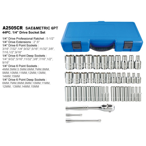 KT Pro Drive Socket Set, 44 Pieces, 1/4" SAE & Metric (A2505CR)