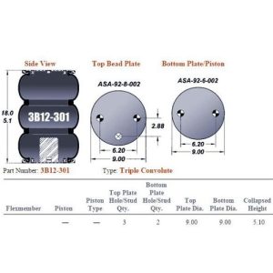 Automann ABSP3B22R-8010 Air Spring, (Firestone W01-358-8010, Goodyear 3b12-301), Triple Convoluted
